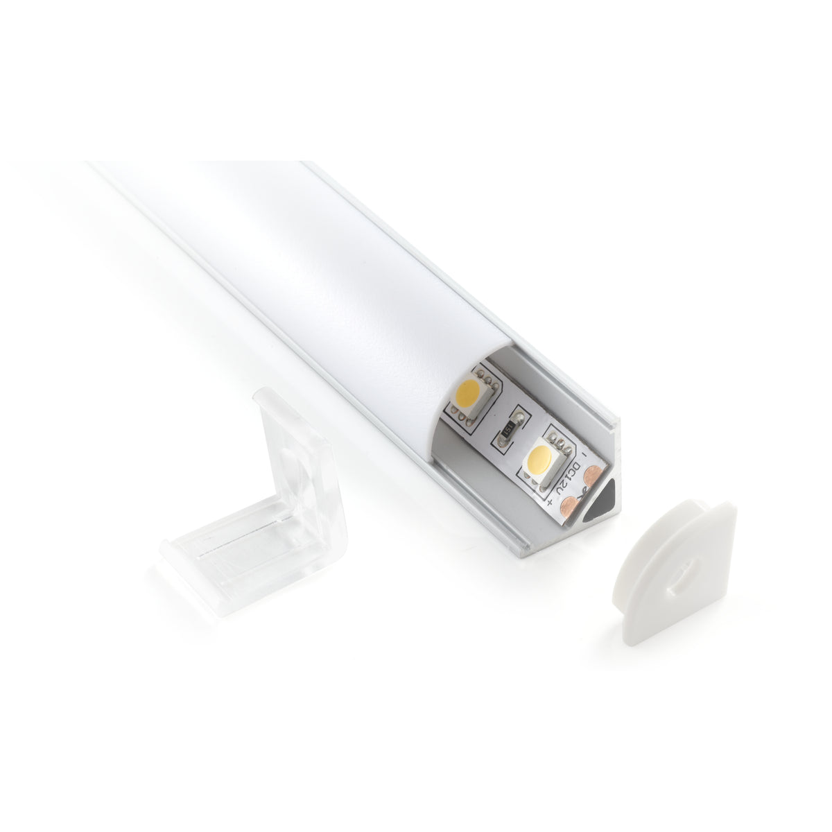 iLuminaire Corner Profile (ILUM-005-C) — 45-degree corner aluminium LED profile with rounded diffuser, mounting clip and end cap