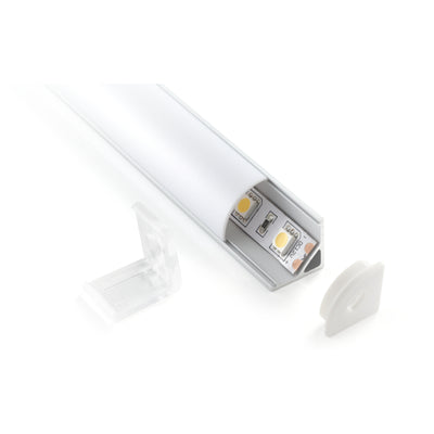 iLuminaire Corner Profile (ILUM-005-C) — 45-degree corner aluminium LED profile with rounded diffuser, mounting clip and end cap