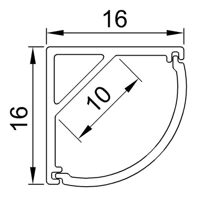 Corner Profile cross-section dimensions: 16mm x 16mm, 10mm strip channel at 45 degrees
