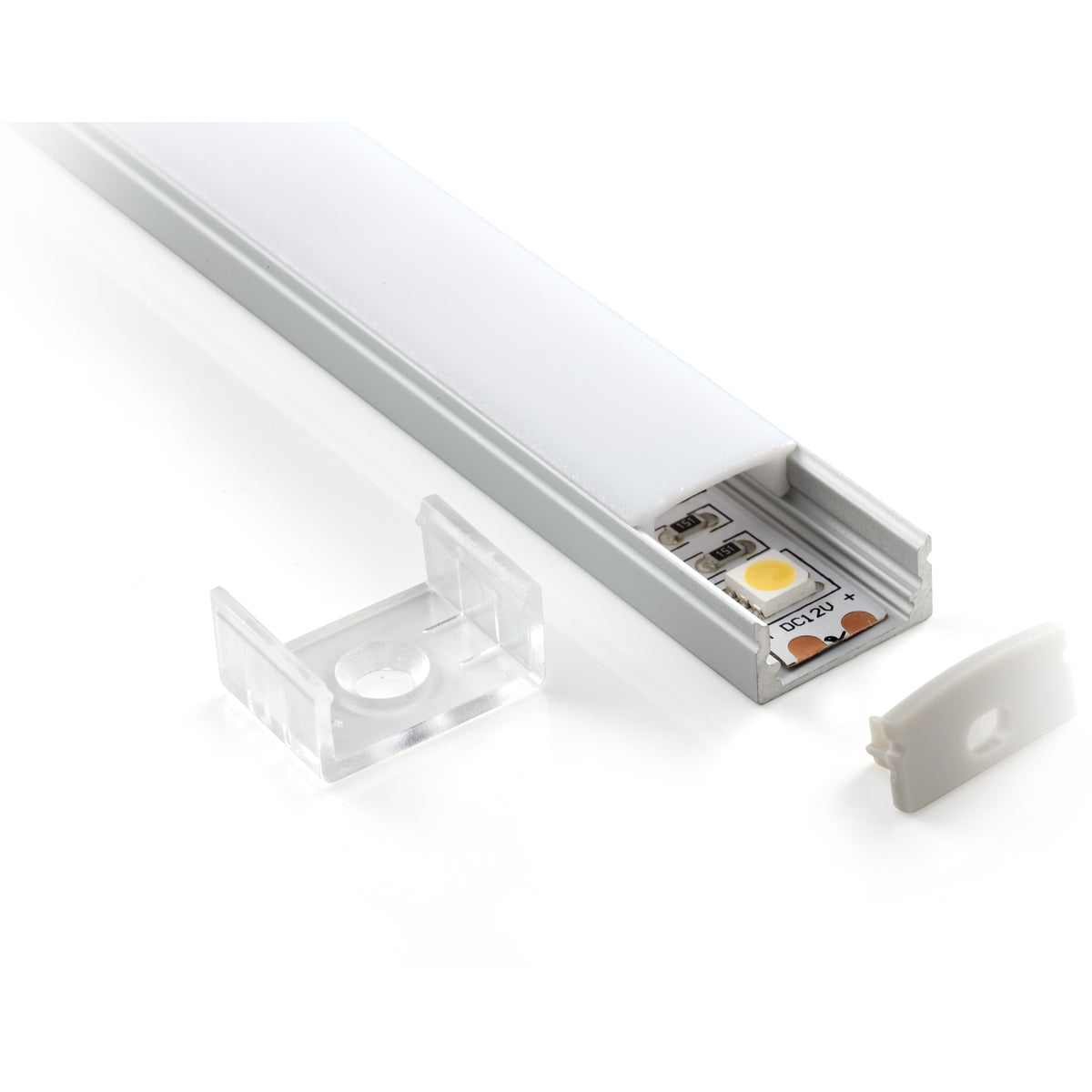 iLuminaire Flat Surface Profile (ILUM-004-F) — surface-mount aluminium LED profile with opal diffuser, mounting clip and end cap