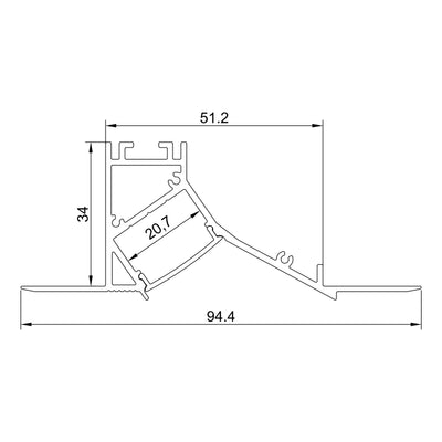 Plaster-In Wall Wash Ceiling Profile cross-section dimensions: 94.4mm overall width, 35.2mm deep, 51.2mm cut-out, 20.7mm strip channel