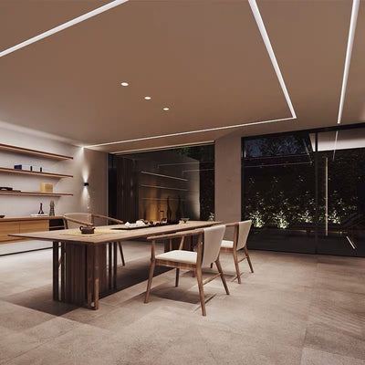 Plaster-In Wall Wash Profile — trimless light lines across a dining room ceiling