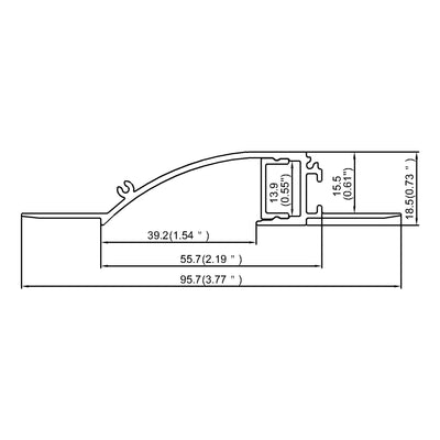 Plaster-In Wall Wash Profile cross-section dimensions: 95.7mm overall width, 18.5mm deep, 13.9mm strip channel, curved wash reflector