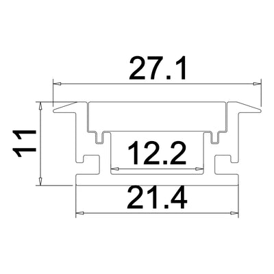 Waterproof Recessed Profile cross-section dimensions: 27.1mm flange width, 21.4mm body, 11mm deep, 12.2mm strip channel